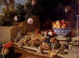 Alexandre-francois Desportes Canvas Paintings - Still Life Of Grapes, Peaches In A Blue And White Porcelain Bowl And A Melon, Resting On A Stone Stairway